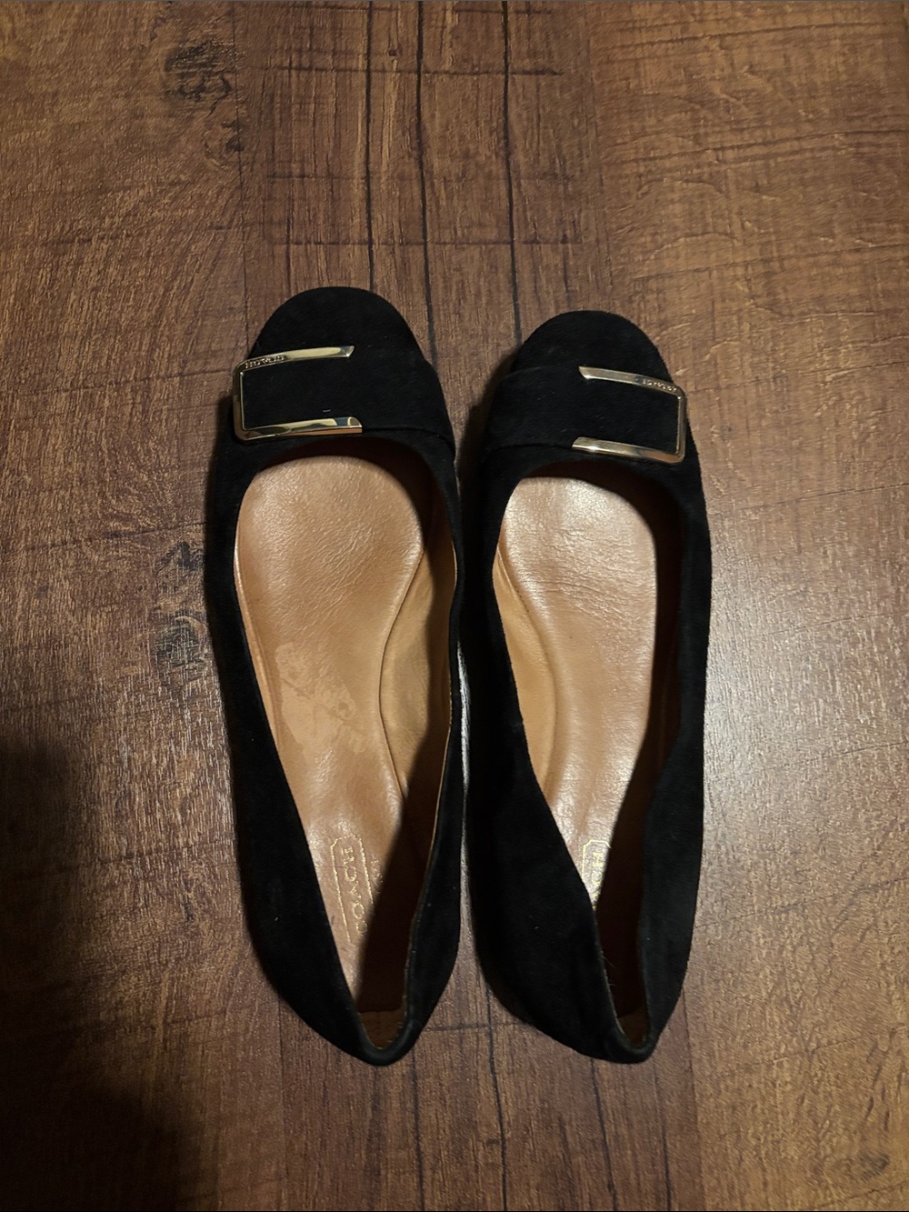 Coach Black Suede Flats with Gold Buckle